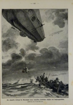 1917 - alter Druck - Ein Zeppelin versorgt die Mannschaft eines versenkten feindlichen Schiffes mit Nahrungsmitteln